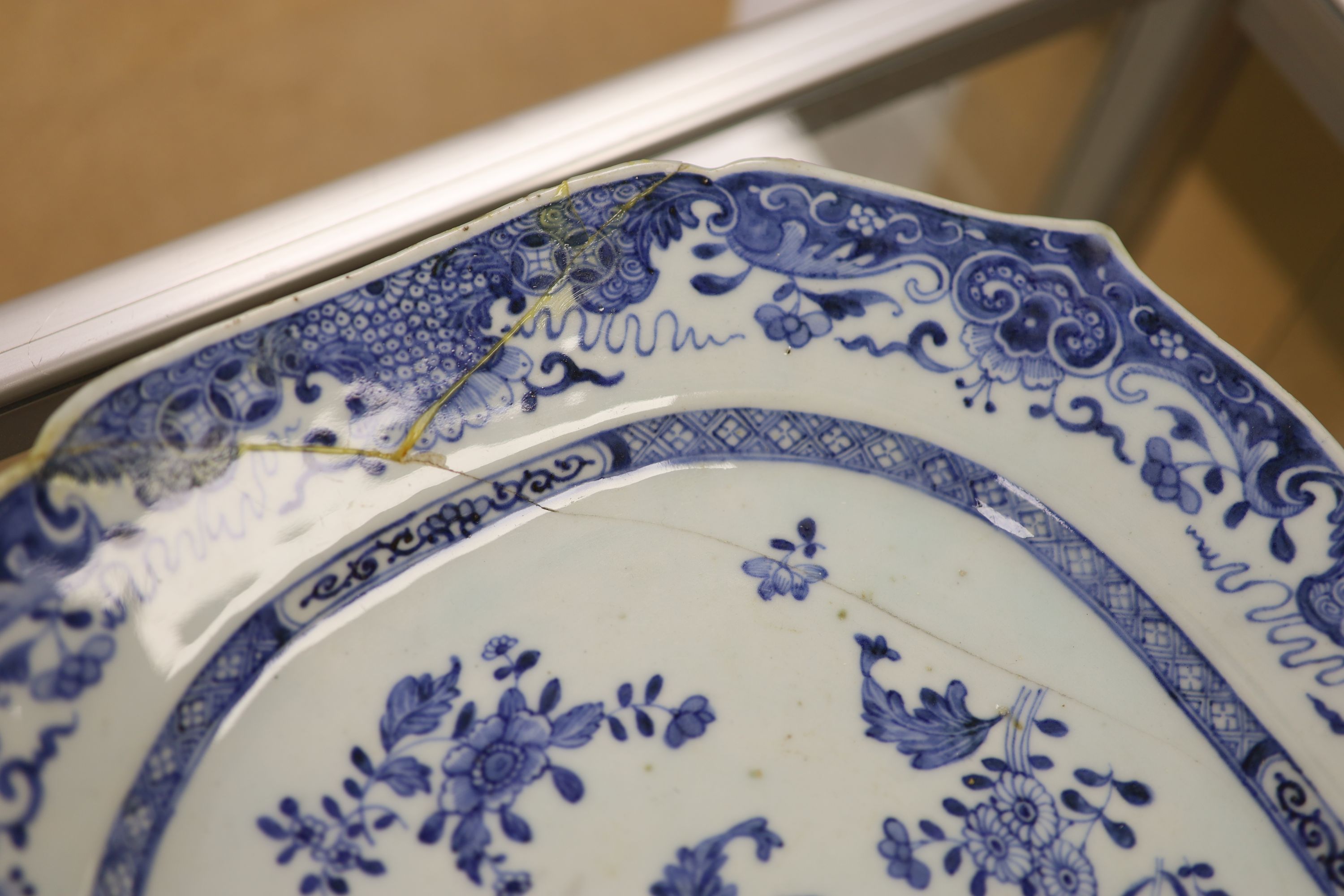 Two 18th century Chinese blue and white meat dishes, length 38.5cm